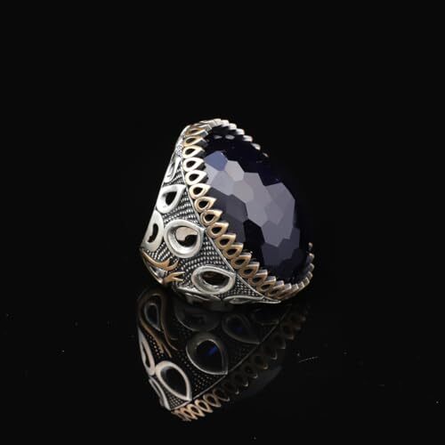 Men's Blue Sapphire Ring - Oval Gemstone in Large Ottoman Design - Handmade 925 Sterling Silver Ring with Silver Polishing Cloth Gift - 4