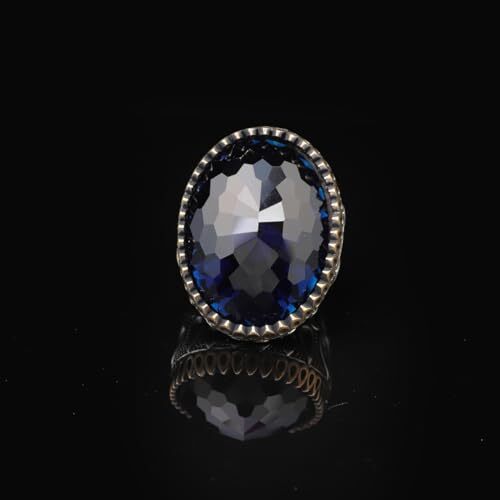 Men's Blue Sapphire Ring - Oval Gemstone in Large Ottoman Design - Handmade 925 Sterling Silver Ring with Silver Polishing Cloth Gift - 3