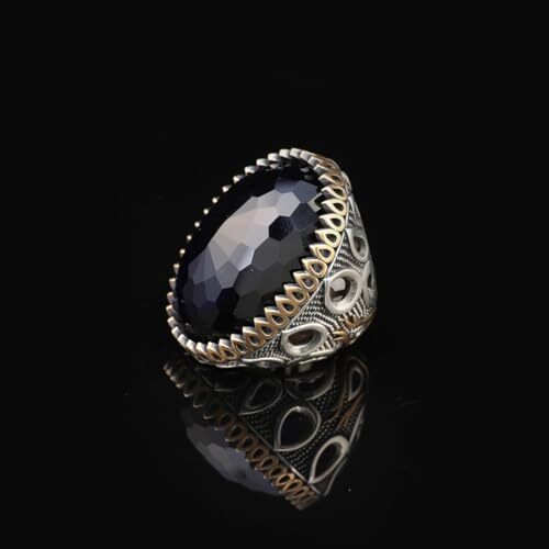 Men's Blue Sapphire Ring - Oval Gemstone in Large Ottoman Design - Handmade 925 Sterling Silver Ring with Silver Polishing Cloth Gift - 2