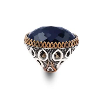 Men's Blue Sapphire Ring - Oval Gemstone in Large Ottoman Design - Handmade 925 Sterling Silver Ring with Silver Polishing Cloth Gift - 1