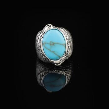 Men's Turquoise Ring in Sterling Silver with Eagle Design, Vintage Animal Gemstone Signet Ring, Custom Engraving, Handmade Jewelry with Gift Silver Polishing Cloth - 7