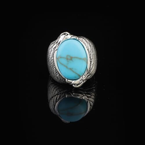 Men's Turquoise Ring in Sterling Silver with Eagle Design, Vintage Animal Gemstone Signet Ring, Custom Engraving, Handmade Jewelry with Gift Silver Polishing Cloth - 7