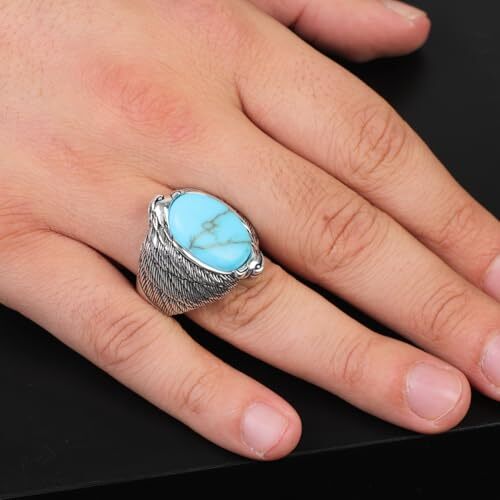 Men's Turquoise Ring in Sterling Silver with Eagle Design, Vintage Animal Gemstone Signet Ring, Custom Engraving, Handmade Jewelry with Gift Silver Polishing Cloth - 6