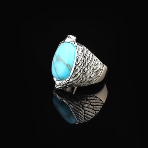 Men's Turquoise Ring in Sterling Silver with Eagle Design, Vintage Animal Gemstone Signet Ring, Custom Engraving, Handmade Jewelry with Gift Silver Polishing Cloth - 4