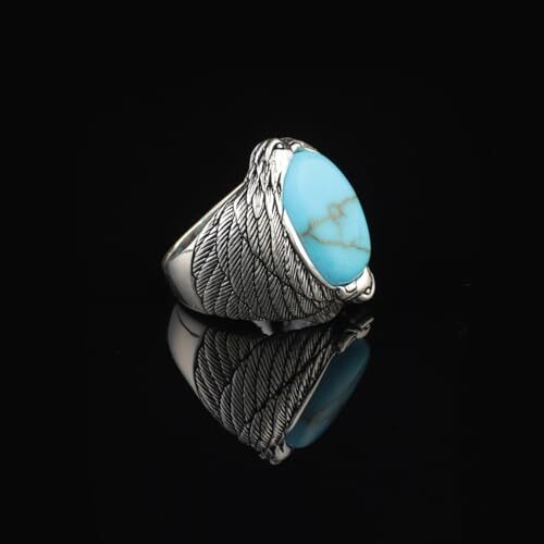 Men's Turquoise Ring in Sterling Silver with Eagle Design, Vintage Animal Gemstone Signet Ring, Custom Engraving, Handmade Jewelry with Gift Silver Polishing Cloth - 3