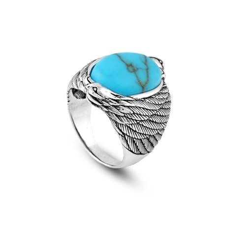 Men's Turquoise Ring in Sterling Silver with Eagle Design, Vintage Animal Gemstone Signet Ring, Custom Engraving, Handmade Jewelry with Gift Silver Polishing Cloth - 1