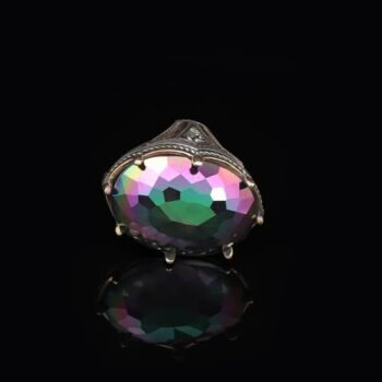 Mystic Topaz Ring - Oval Gemstone, Large Handmade Ottoman Men's Vintage 925 Sterling Silver Ring with Silver Polishing Cloth Gift - 7