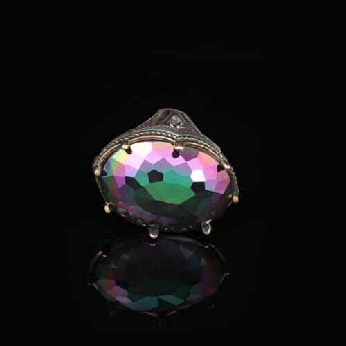 Mystic Topaz Ring - Oval Gemstone, Large Handmade Ottoman Men's Vintage 925 Sterling Silver Ring with Silver Polishing Cloth Gift - 7