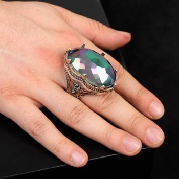 Mystic Topaz Ring - Oval Gemstone, Large Handmade Ottoman Men's Vintage 925 Sterling Silver Ring with Silver Polishing Cloth Gift - 5
