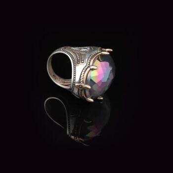 Mystic Topaz Ring - Oval Gemstone, Large Handmade Ottoman Men's Vintage 925 Sterling Silver Ring with Silver Polishing Cloth Gift - 3