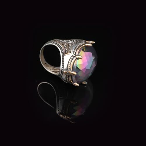 Mystic Topaz Ring - Oval Gemstone, Large Handmade Ottoman Men's Vintage 925 Sterling Silver Ring with Silver Polishing Cloth Gift - 3