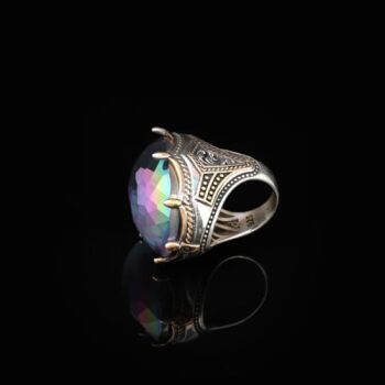 Mystic Topaz Ring - Oval Gemstone, Large Handmade Ottoman Men's Vintage 925 Sterling Silver Ring with Silver Polishing Cloth Gift - 2