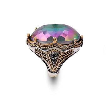 Mystic Topaz Ring - Oval Gemstone, Large Handmade Ottoman Men's Vintage 925 Sterling Silver Ring with Silver Polishing Cloth Gift - 1