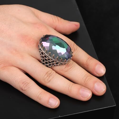 Mystic Topaz Ring - Oval Stone Large Gemstone Ring Men Vintage Ottoman Handmade 925 Sterling Silver Rings with Silver Polishing Cloth Gift - 6