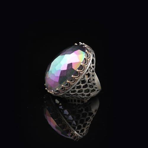 Mystic Topaz Ring - Oval Stone Large Gemstone Ring Men Vintage Ottoman Handmade 925 Sterling Silver Rings with Silver Polishing Cloth Gift - 4