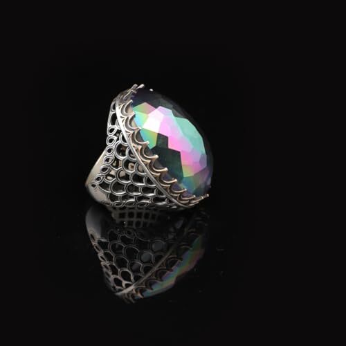 Mystic Topaz Ring - Oval Stone Large Gemstone Ring Men Vintage Ottoman Handmade 925 Sterling Silver Rings with Silver Polishing Cloth Gift - 3