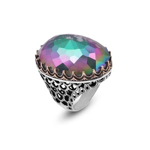 Mystic Topaz Ring - Oval Stone Large Gemstone Ring Men Vintage Ottoman Handmade 925 Sterling Silver Rings with Silver Polishing Cloth Gift - 1