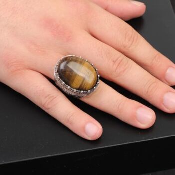 Tiger Eye Ring with Micro Onyx Stone | Chunky Sterling Silver Engagement Ring | Handmade Vintage Mens Silver with Custom Engraving | Gift Polishing Cloth Included - 6