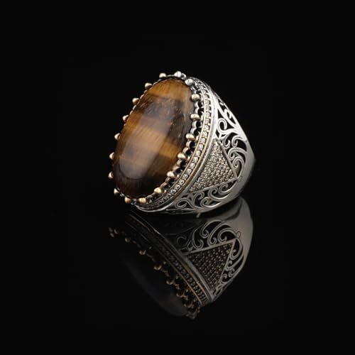Tiger Eye Ring with Micro Onyx Stone | Chunky Sterling Silver Engagement Ring | Handmade Vintage Mens Silver with Custom Engraving | Gift Polishing Cloth Included - 4