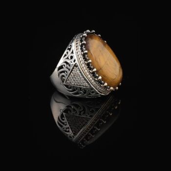 Tiger Eye Ring with Micro Onyx Stone | Chunky Sterling Silver Engagement Ring | Handmade Vintage Mens Silver with Custom Engraving | Gift Polishing Cloth Included - 3