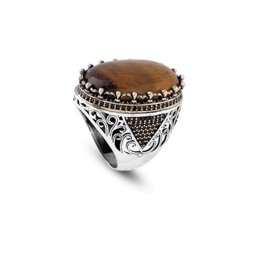Tiger Eye Ring with Micro Onyx Stone | Chunky Sterling Silver Engagement Ring | Handmade Vintage Mens Silver with Custom Engraving | Gift Polishing Cloth Included - 1