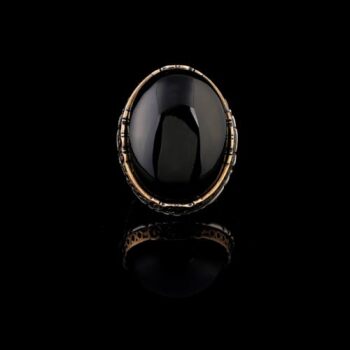 Vintage Black Onyx Chunky Sterling Silver Ring – Herringbone Design Ottoman-Style Men's Engagement Ring, Custom Engraving and Gift Silver Polishing Cloth Included - 7