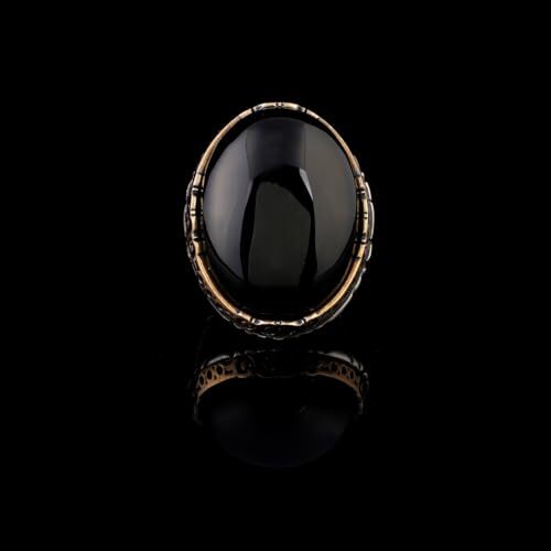 Vintage Black Onyx Chunky Sterling Silver Ring – Herringbone Design Ottoman-Style Men's Engagement Ring, Custom Engraving and Gift Silver Polishing Cloth Included - 7