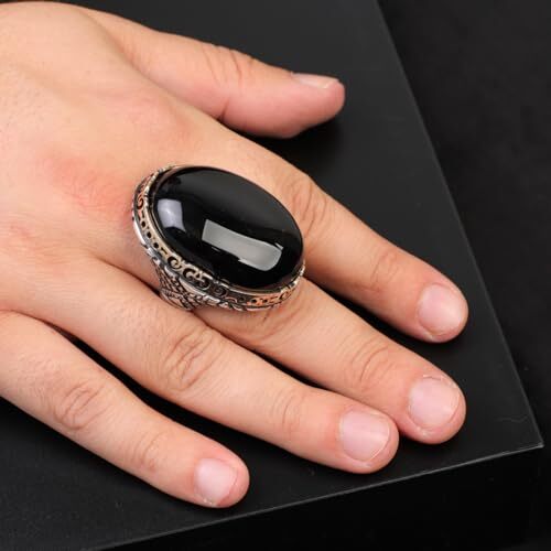 Vintage Black Onyx Chunky Sterling Silver Ring – Herringbone Design Ottoman-Style Men's Engagement Ring, Custom Engraving and Gift Silver Polishing Cloth Included - 5