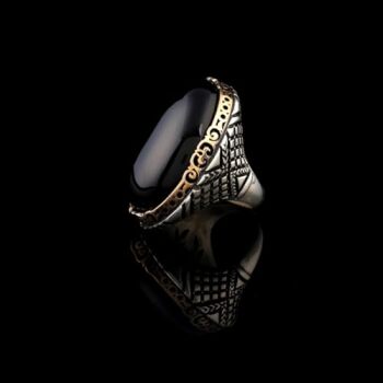 Vintage Black Onyx Chunky Sterling Silver Ring – Herringbone Design Ottoman-Style Men's Engagement Ring, Custom Engraving and Gift Silver Polishing Cloth Included - 4
