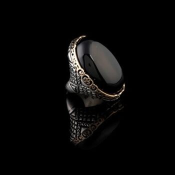 Vintage Black Onyx Chunky Sterling Silver Ring – Herringbone Design Ottoman-Style Men's Engagement Ring, Custom Engraving and Gift Silver Polishing Cloth Included - 3