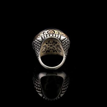 Vintage Black Onyx Chunky Sterling Silver Ring – Herringbone Design Ottoman-Style Men's Engagement Ring, Custom Engraving and Gift Silver Polishing Cloth Included - 2