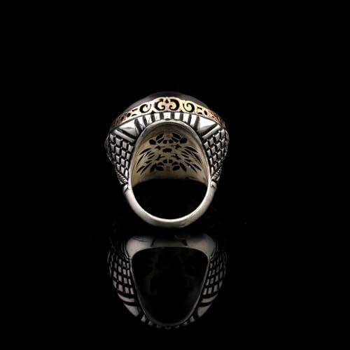 Vintage Black Onyx Chunky Sterling Silver Ring – Herringbone Design Ottoman-Style Men's Engagement Ring, Custom Engraving and Gift Silver Polishing Cloth Included - 2