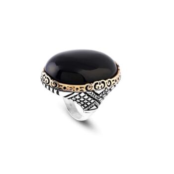 Vintage Black Onyx Chunky Sterling Silver Ring – Herringbone Design Ottoman-Style Men's Engagement Ring, Custom Engraving and Gift Silver Polishing Cloth Included - 1
