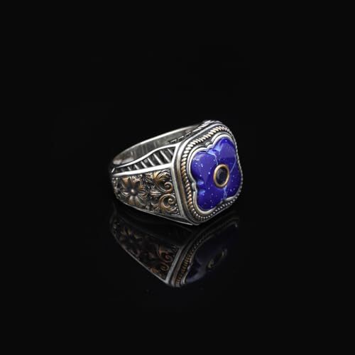 Vintage Handmade Lapis Lazuli Ring with Black Onyx and Micro Stone - 925 Sterling Silver Men's Ring with Gemstone and Silver Polishing Cloth Gift - 7