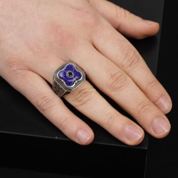 Vintage Handmade Lapis Lazuli Ring with Black Onyx and Micro Stone - 925 Sterling Silver Men's Ring with Gemstone and Silver Polishing Cloth Gift - 2