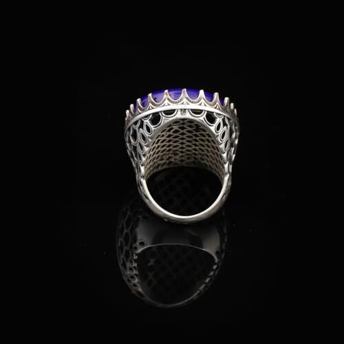 Vintage Men's Lapis Lazuli Oval Gemstone Ring - Handmade Ottoman Style 925 Sterling Silver Ring with Silver Polishing Cloth Gift - 6