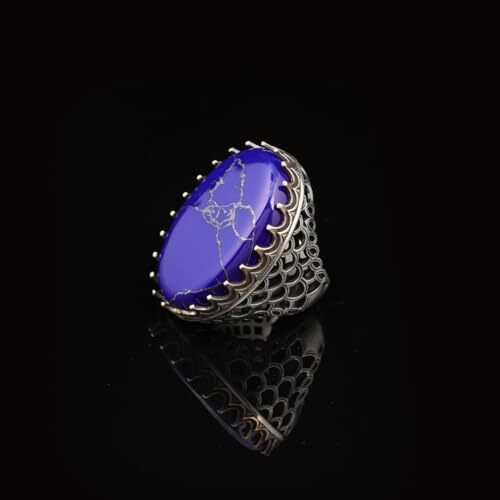 Vintage Men's Lapis Lazuli Oval Gemstone Ring - Handmade Ottoman Style 925 Sterling Silver Ring with Silver Polishing Cloth Gift - 4