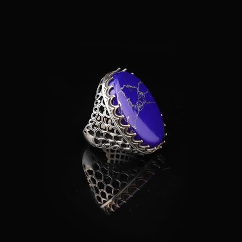 Vintage Men's Lapis Lazuli Oval Gemstone Ring - Handmade Ottoman Style 925 Sterling Silver Ring with Silver Polishing Cloth Gift - 3