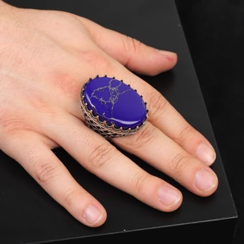 Vintage Men's Lapis Lazuli Oval Gemstone Ring - Handmade Ottoman Style 925 Sterling Silver Ring with Silver Polishing Cloth Gift - 2